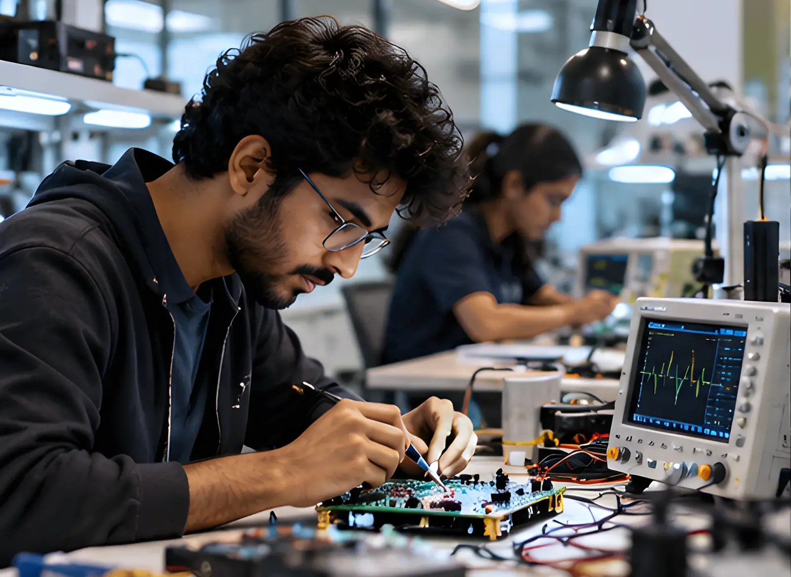 Trainee working on an embedded board with an oscilloscope
