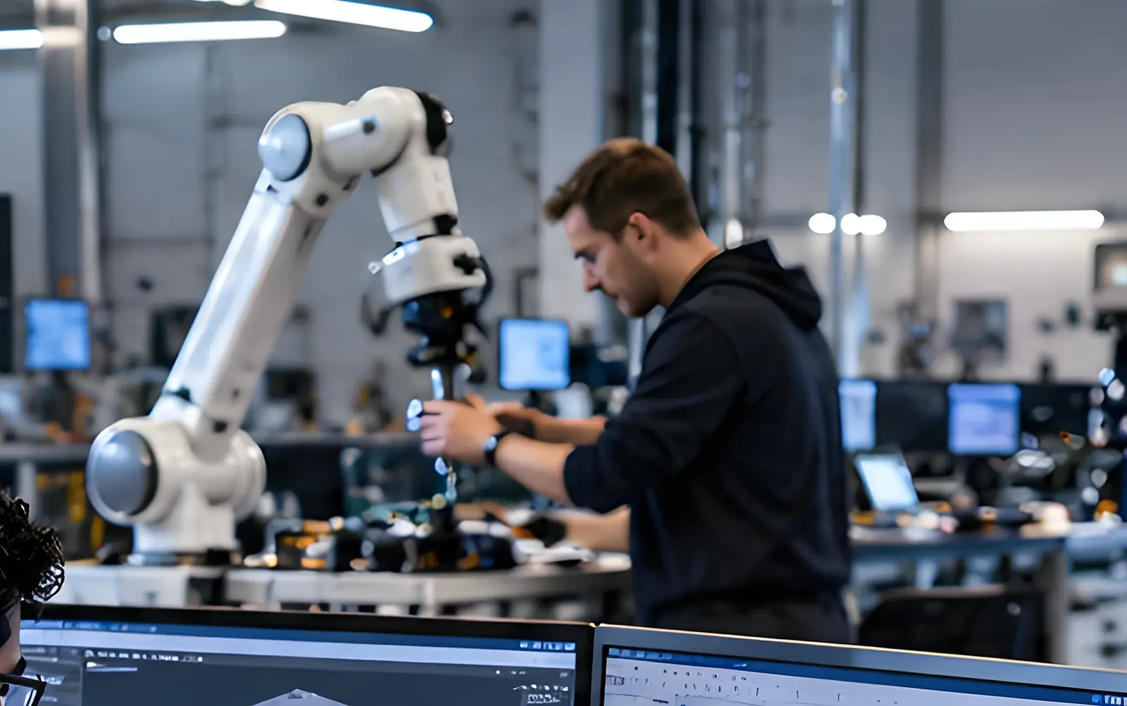 Engineer programming a collaborative robot arm